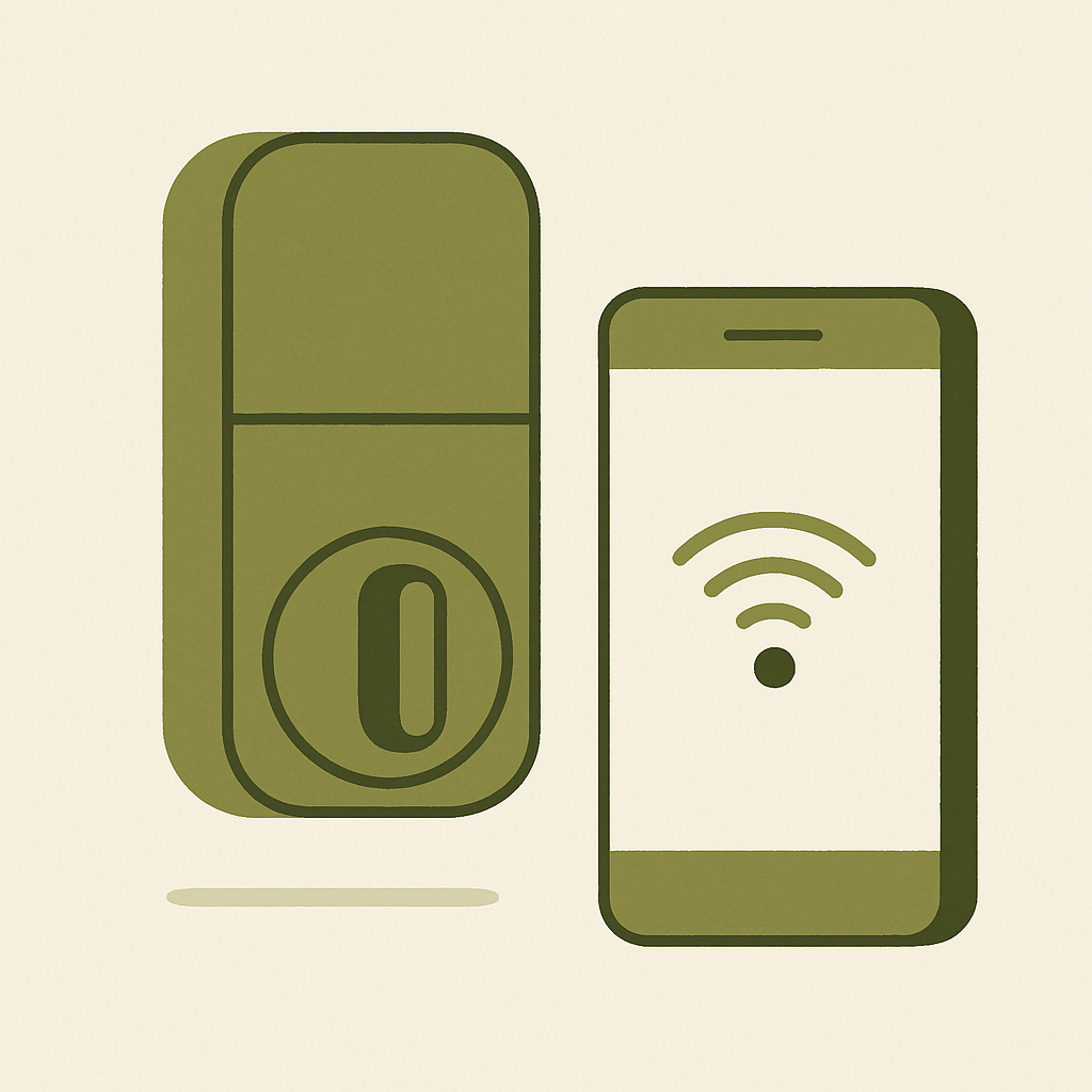 Ilustración minimalista de un smartlock y un celular.