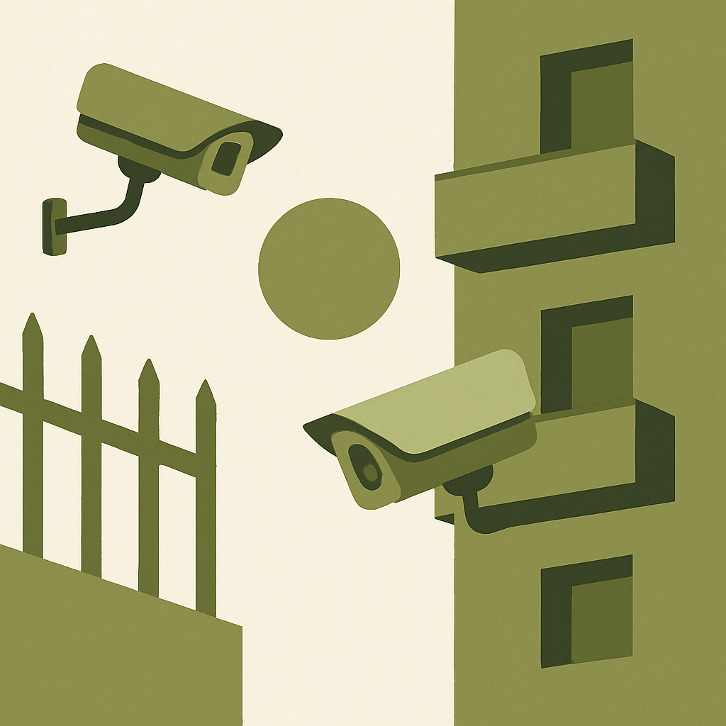Ilustración de cámaras de seguridad en un condominio mostrando un balance entre privacidad y seguridad.
