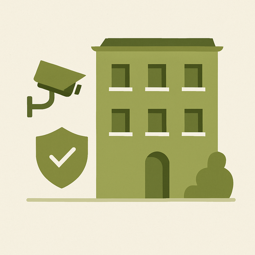 Ilustración minimalista de un edificio de condominios con elementos de seguridad y protección.