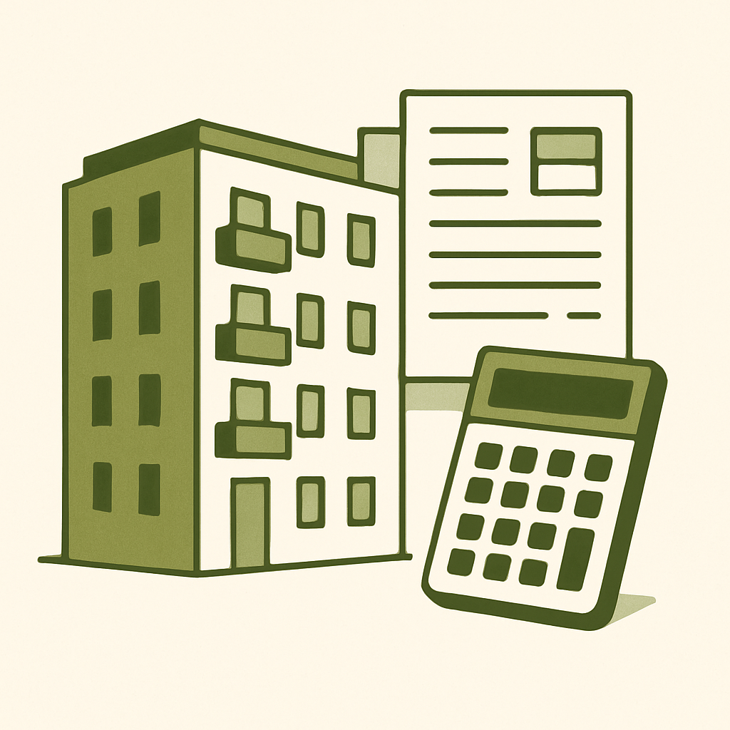 Ilustración minimalista de un edificio de condominios con elementos fiscales como una calculadora y documentos.
