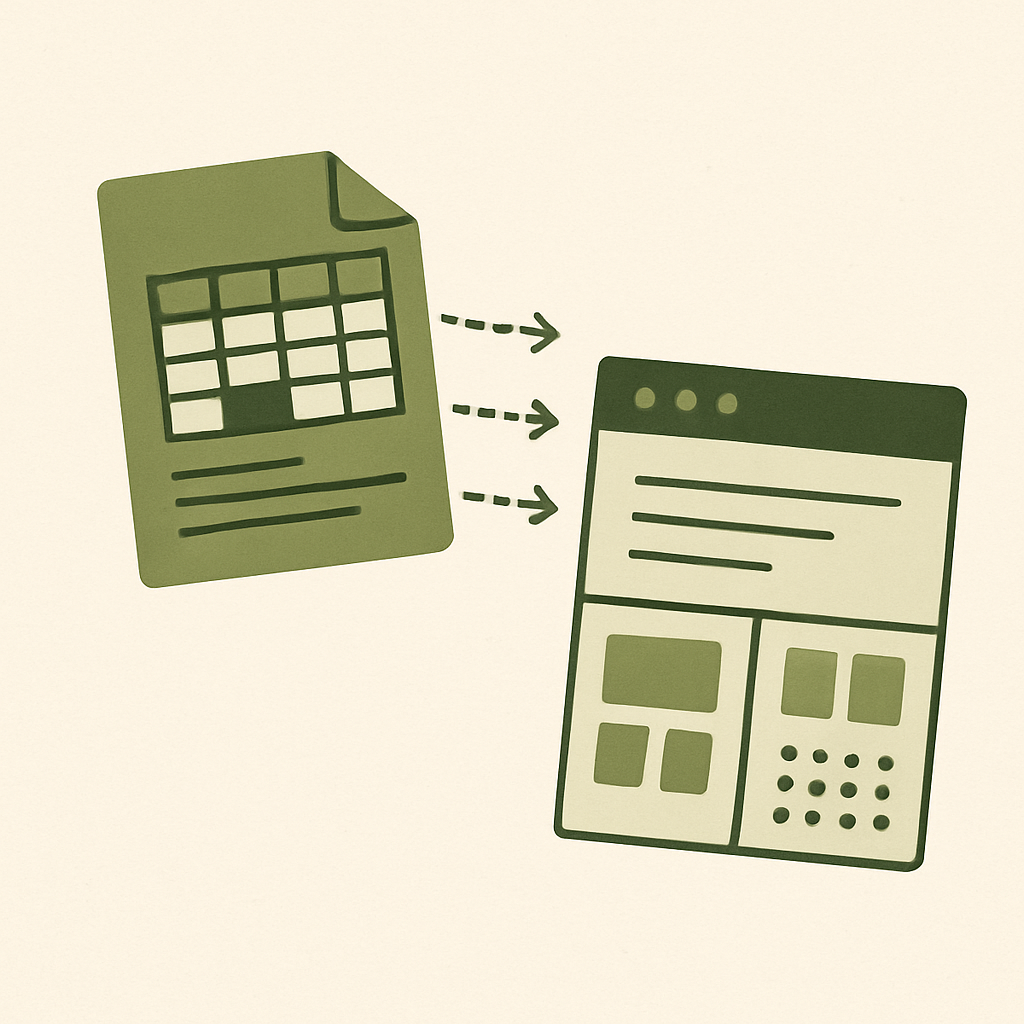 Ilustración minimalista de hojas de Excel transformándose en un sistema digital.
