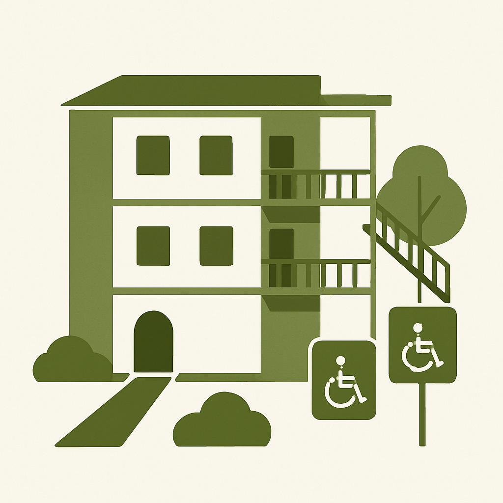 Ilustración minimalista de un condominio inclusivo con áreas comunes accesibles.