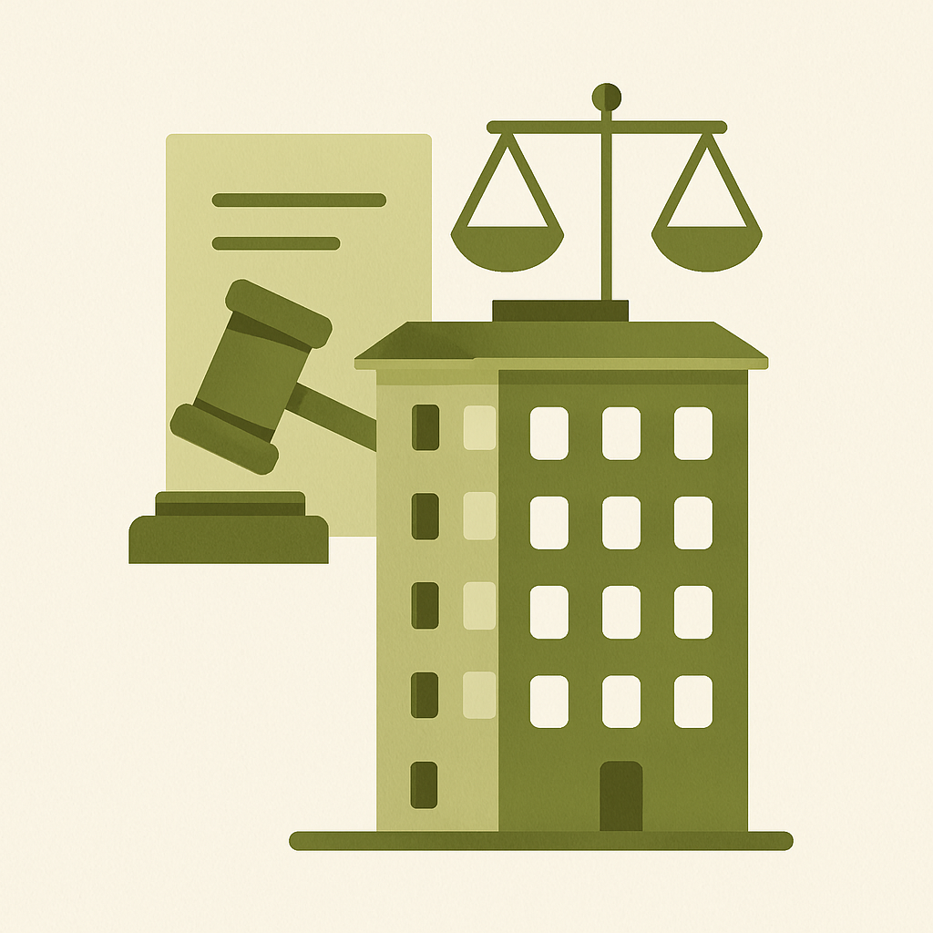Ilustración minimalista de un edificio de condominios con un marco legal de fondo.