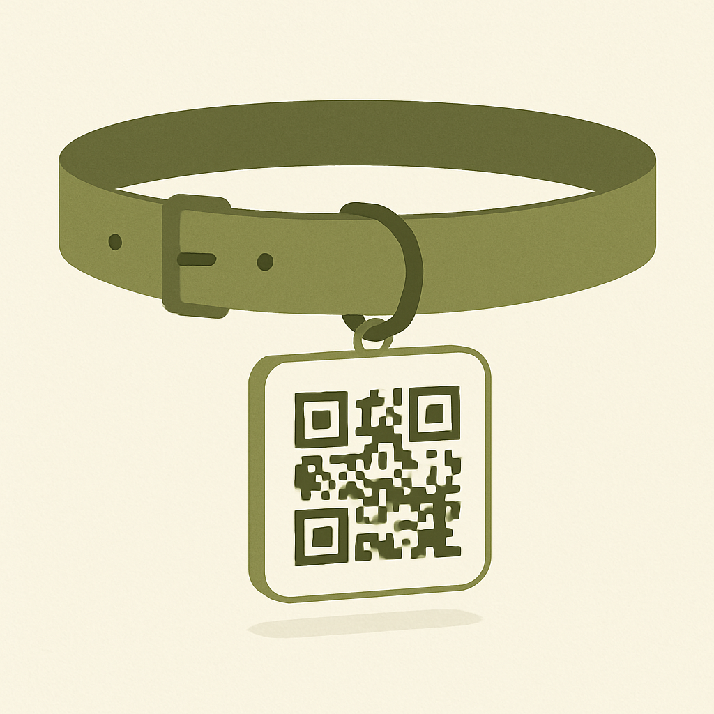 Ilustración de un código QR en un collar de mascota sobre fondo verde y crema.
