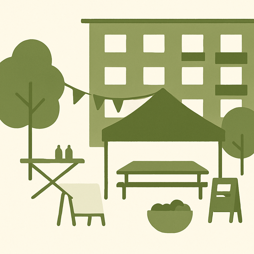 Ilustración minimalista de un evento comunitario en un condominio.