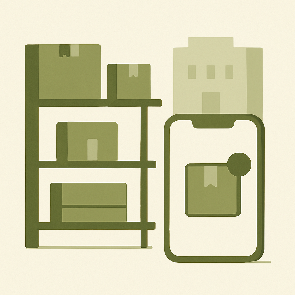 Ilustración minimalista de un sistema de gestión de paquetería en un condominio.